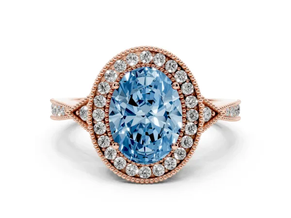 Fancy Blue Oval Cut Halo Round Diamond Milgrain Pave Engagement Ring Rose gold
