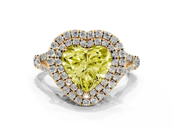Fancy Yellow Heart Cut Cut Double Halo Split Shank Diamond Ring with Prong Setting Yellow gold