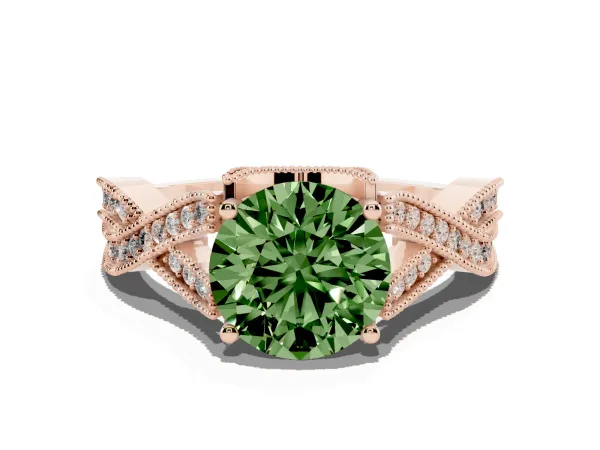 Fancy Green Round Cut Cut Diamond Twisted Band with Milgrain Pave Setting and Four-Prong Setting Rose gold