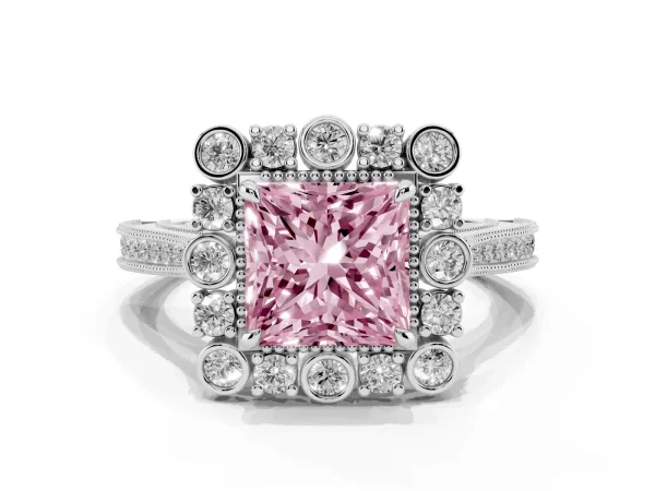 Fancy Pink Princess Cut Halo Milgrain Pave Diamond Ring with Four-Prong Setting White gold