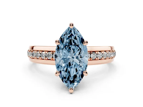 Fancy Blue Marquise Cut Solitaire Diamond Ring with Channel Set Band and Six-Prong Setting Rose gold