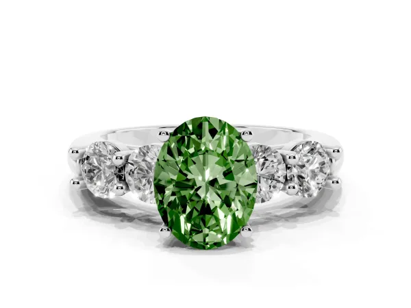 Fancy Green Oval Cut Cut Five-Stone Prong Set Diamond Ring with Classic Band White gold