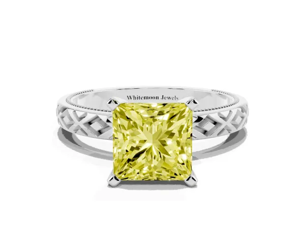 Fancy Yellow Princess Cut Solitaire Diamond Ring with Milgrain and Black Enamel X Pattern Band White gold