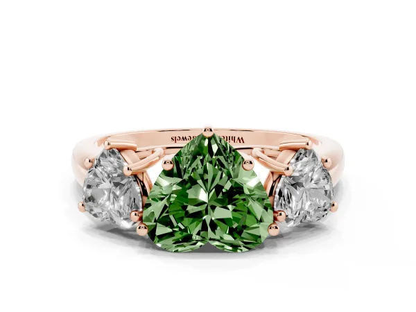 Fancy Green Three-Stone Heart Cut Diamond Engagement Ring with Prong Setting Rose gold
