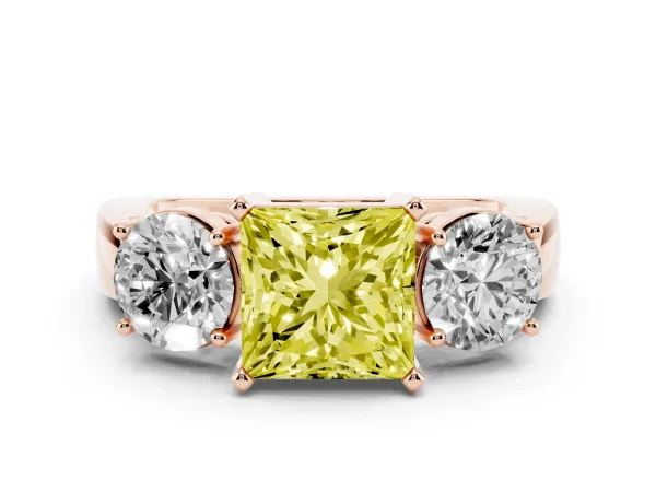 Fancy Yellow Three-Stone Princess Cut Diamond Ring with Round Side Stones, Classic Band, and Four-Prong Setting Rose gold