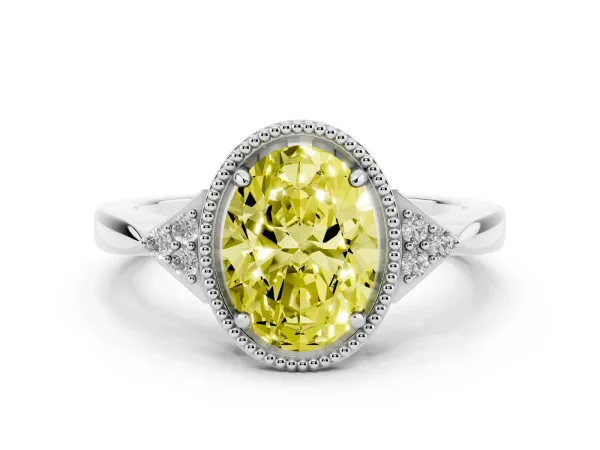 Fancy Yellow Oval Cut Diamond Halo Ring with Tapered Band and Four-Prong Setting Platinum