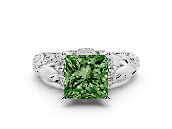 Fancy Green Princess Cut Solitaire Filigree Engagement Ring with Halo and Prong Setting Platinum
