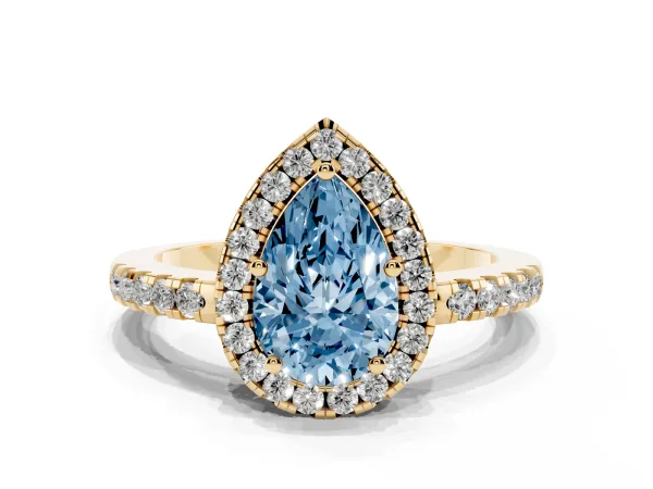 Fancy Blue Pear Cut Halo Diamond Engagement Ring with Pavé Band and Four-Prong Setting Yellow gold