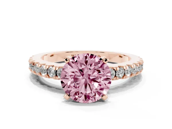 Fancy Pink Round Cut Solitaire Diamond with Pavé Band and Four-Prong Setting Rose gold