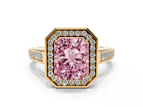 Fancy Pink Emerald Cut Halo Solitaire Diamond Ring with Pave Band and Bezel Setting Yellow gold