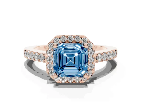Fancy Blue Asscher Cut Halo Diamond Pavé Solitaire Ring Rose gold