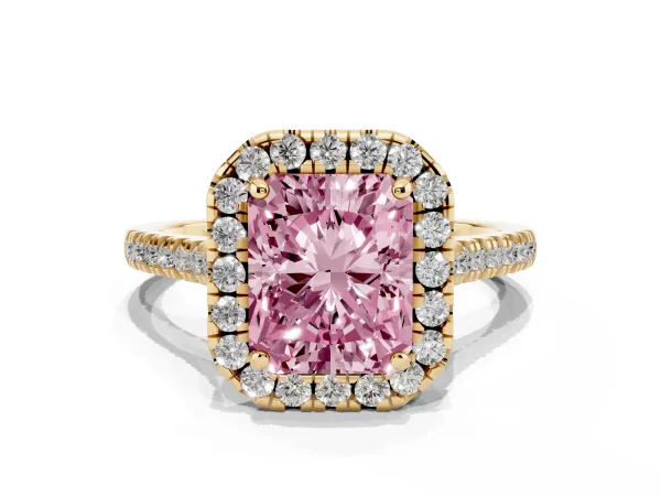 Fancy Pink Radiant Cut Diamond Cushion Halo Ring with Pavé Band Yellow gold
