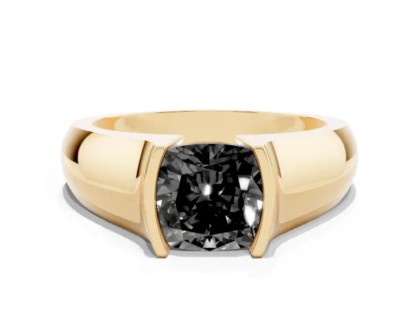Fancy Black Cushion Cut Solitaire Bezel Set Diamond Ring with Wide Band Yellow gold