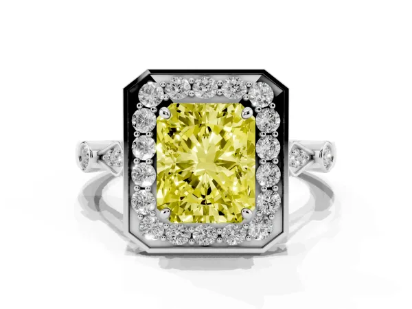 Fancy Yellow Radiant Cut Halo Diamond Engagement Ring with Twisted Band and Four-Prong Setting White gold