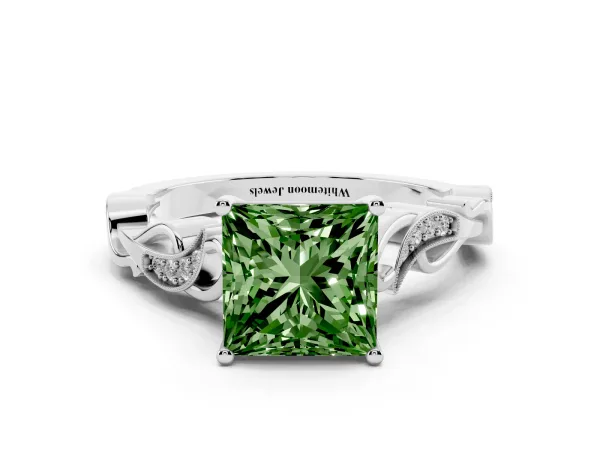 Fancy Green Princess Cut Solitaire Vine Band with Milgrain Prong Setting White gold