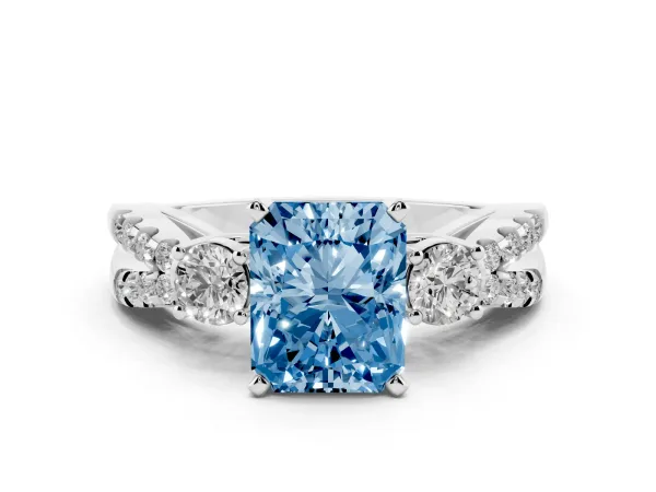 Fancy Blue Radiant Cut Diamond Three-Stone Ring with Pavé Split Shank and Four-Prong Setting Platinum