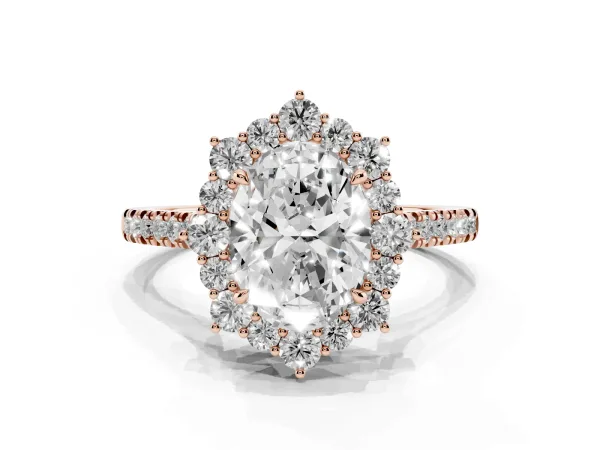Oval Cut Halo Diamond Ring with Pavé Band and Prong Setting Rose gold