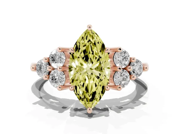Fancy Yellow Marquise Cut Brilliant Diamond Cluster Accent Solitaire Ring with Prong Setting Rose gold