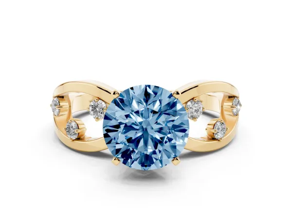 Fancy Blue Round Cut Cut Solitaire Diamond with Side Stones on Criss-Cross Band and Four-Prong Setting Yellow gold