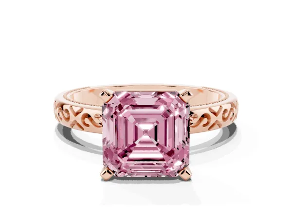 Fancy Pink Asscher Cut Solitaire Engagement Ring with Scrollwork Band and Four-Prong Setting Rose gold