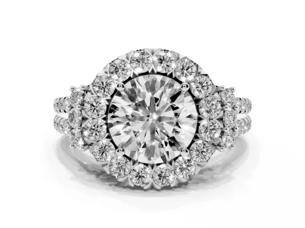 Round Cut Cut Double Halo Diamond Engagement Ring with Pave Band and Four-Prong Setting Platinum