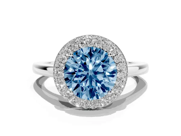 Fancy Blue Round Cut Halo Diamond Engagement Ring with Solitaire Band and Four-Prong Setting Platinum