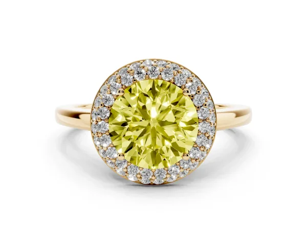 Fancy Yellow Round Cut Halo Diamond Engagement Ring with Solitaire Band and Four-Prong Setting Yellow gold