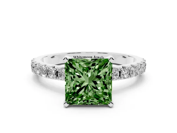 Fancy Green Princess Cut Diamond Solitaire Pavé Band with Four-Prong Setting Platinum
