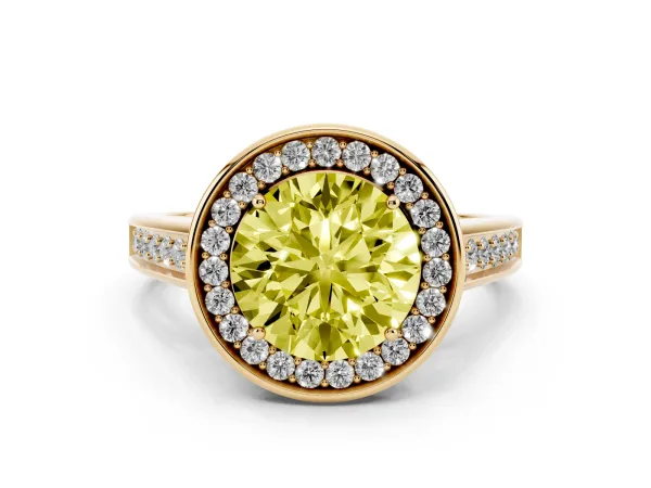 Fancy Yellow Round Cut Halo Solitaire Diamond Ring with Pave Band and Bezel Setting Yellow gold