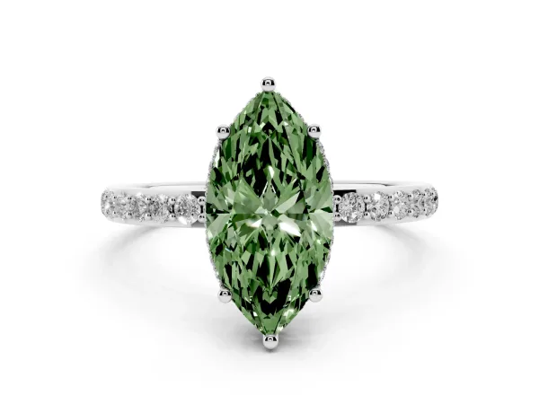 Fancy Green Marquise Cut Diamond Solitaire Ring with Pavé Band and Hidden Halo White gold