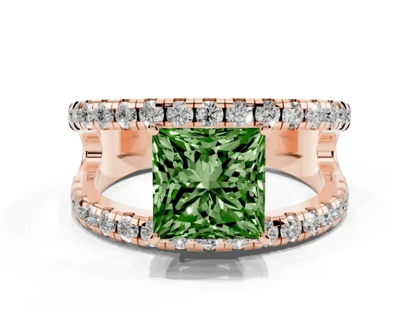 Fancy Green Princess Cut Solitaire Split Shank Pave Diamond Ring Rose gold