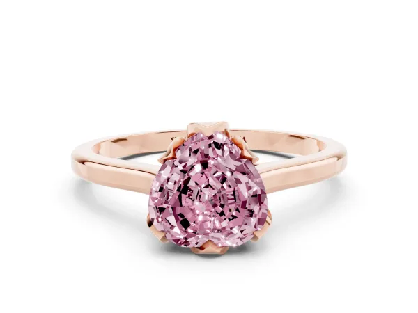 Fancy Pink Heart Cut Diamond Solitaire Ring with Flower Prong Setting and Classic Band Rose gold