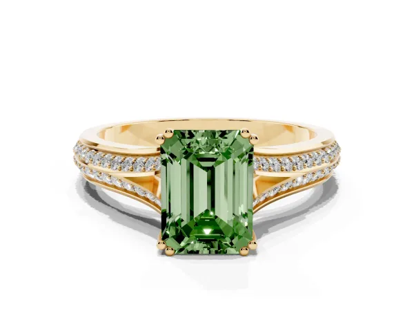 Fancy Green Emerald Cut Diamond Split Shank Engagement Ring with Pavé Band Yellow gold
