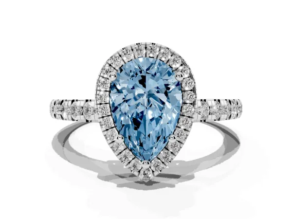 Fancy Blue Pear Cut Diamond Halo Ring with Pavé Band and Four-Prong Setting White gold