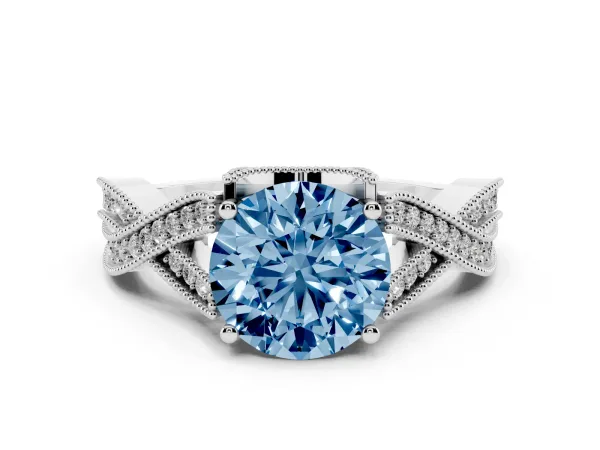 Fancy Blue Round Cut Cut Diamond Twisted Band with Milgrain Pave Setting and Four-Prong Setting Platinum