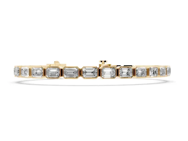 East-West Emerald Cut Diamond Tennis Bracelet with Bezel Setting Yellow gold