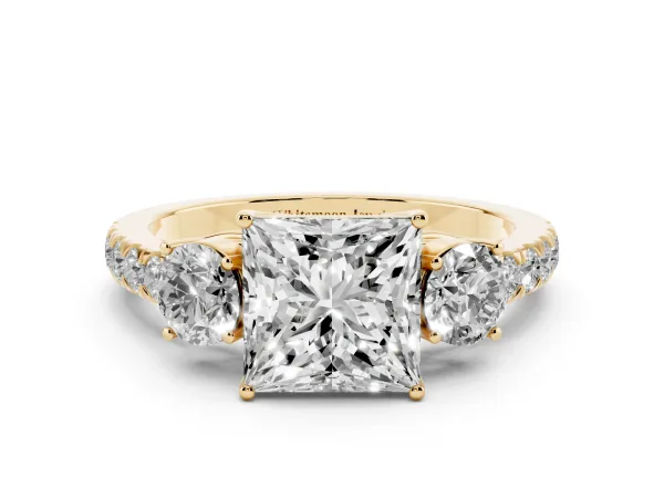 Princess Cut Cut Diamond Three-Stone Ring with Round Side Stones and Pavé Band Yellow gold