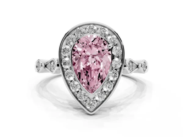 Fancy Pink Pear Cut Halo Diamond Engagement Ring with Twisted Band and Four-Prong Setting White gold