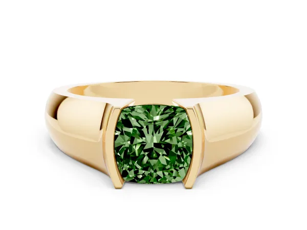 Fancy Green Cushion Cut Solitaire Bezel Set Diamond Ring with Wide Band Yellow gold