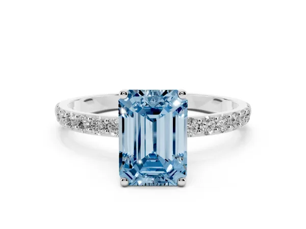 Fancy Blue Emerald Cut Diamond Solitaire Engagement Ring with Round Pavé Band and Prong Setting White gold