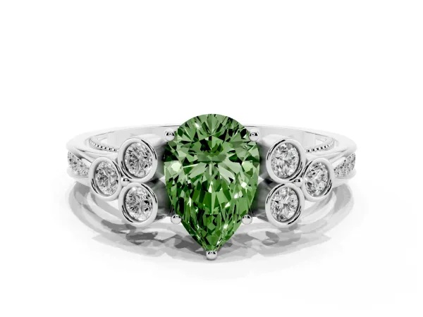 Fancy Green Pear Cut Cut Diamond Engagement Ring with Bezel Set Round Side Stones and Prong Setting White gold