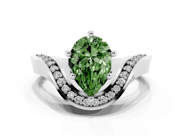 Fancy Green Pear Cut Solitaire Diamond Engagement Ring with Pave Band and Four-Prong Setting Platinum