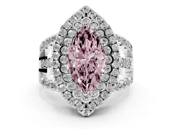Fancy Pink Marquise Cut Diamond Double Halo Ring with Round Pavé Split Shank and Prong Setting Platinum