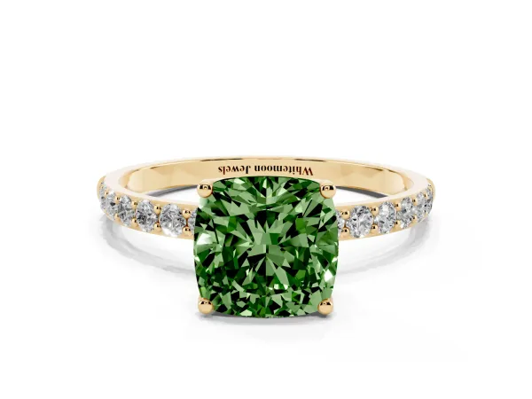 Fancy Green Cushion Cut Diamond Solitaire Engagement Ring with Round Pavé Band and Prong Setting Yellow gold