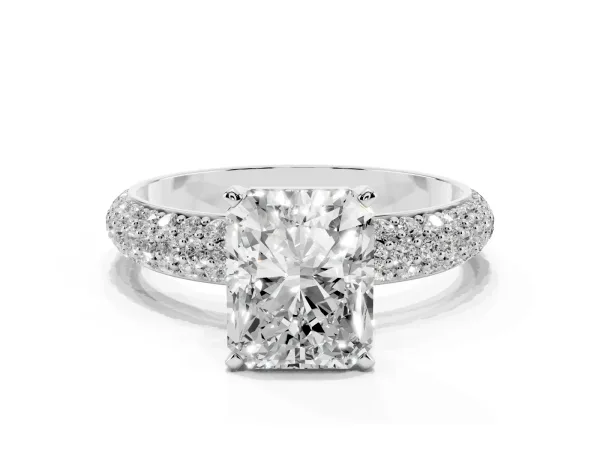 Radiant Cut Diamond Solitaire Ring with Prong Setting and Pavé Band Platinum