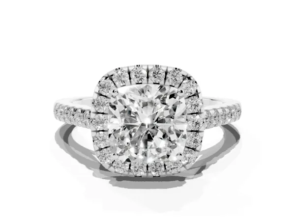 Cushion Cut Halo Pave Diamond Engagement Ring with Four-Prong Setting White gold