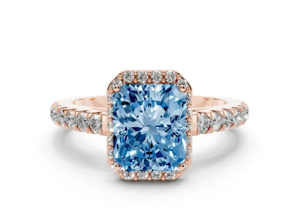 Fancy Blue Radiant Cut Cut Halo Diamond Engagement Ring with Pave Band and Four-Prong Setting Rose gold