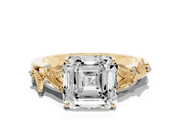 Asscher Cut Diamond Solitaire Ring with Leaf Motif Band and Four-Prong Setting Yellow gold