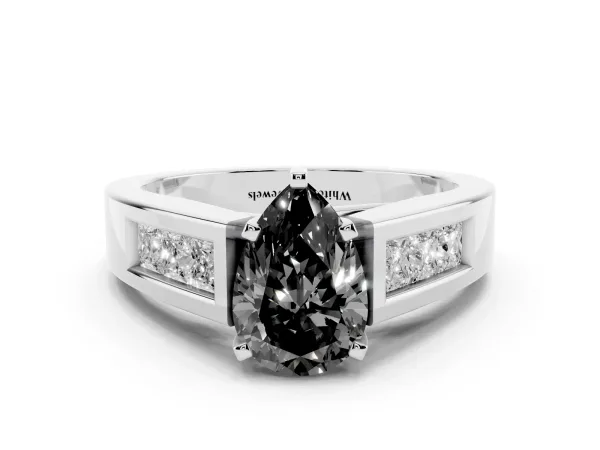 Fancy Black Pear Cut Cut Channel Set Solitaire Ring with Four-Prong Setting Platinum