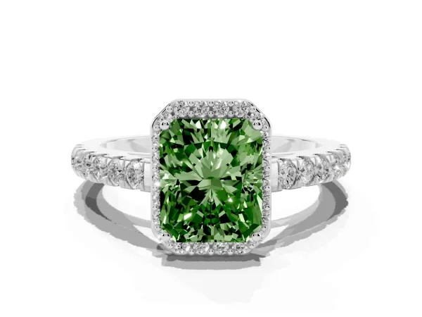 Fancy Green Radiant Cut Cut Halo Diamond Engagement Ring with Pave Band and Four-Prong Setting White gold